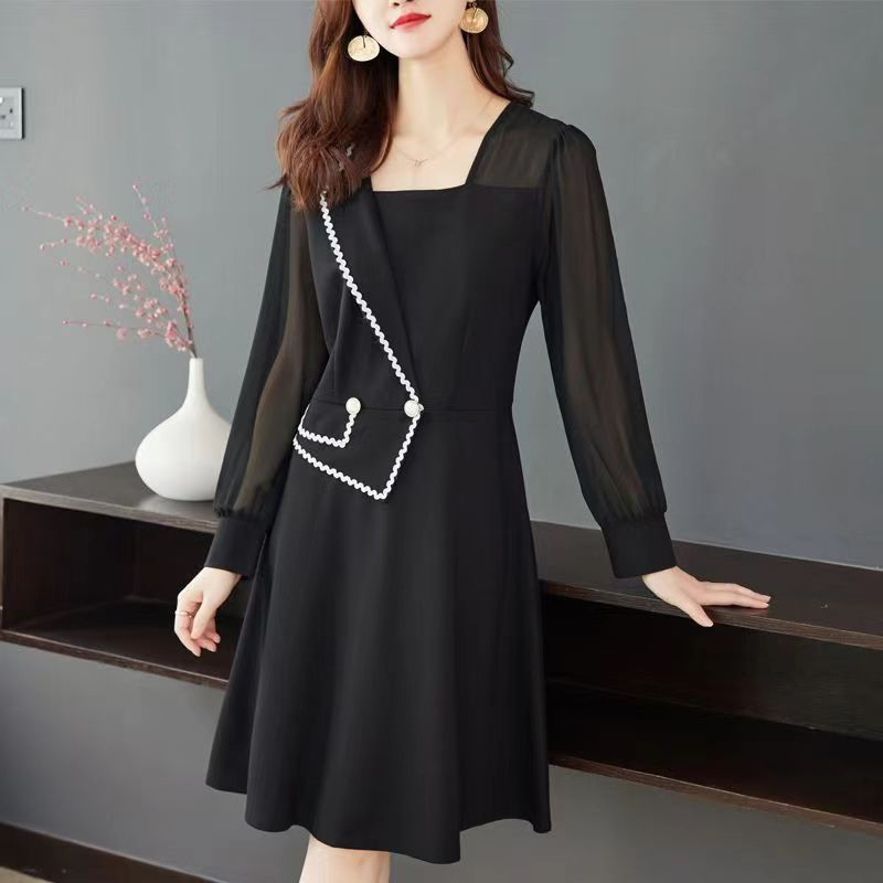 FAN Gaun Hitam Sifon Korea Baru/gaun hitam/baju dress korea/dress korean style