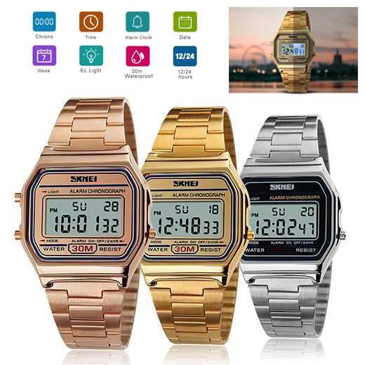 SKMEI Jam Tangan Dewasa Digital Anti Air Tali Rantai Rante Besi Stainless Steel Casual Fashion