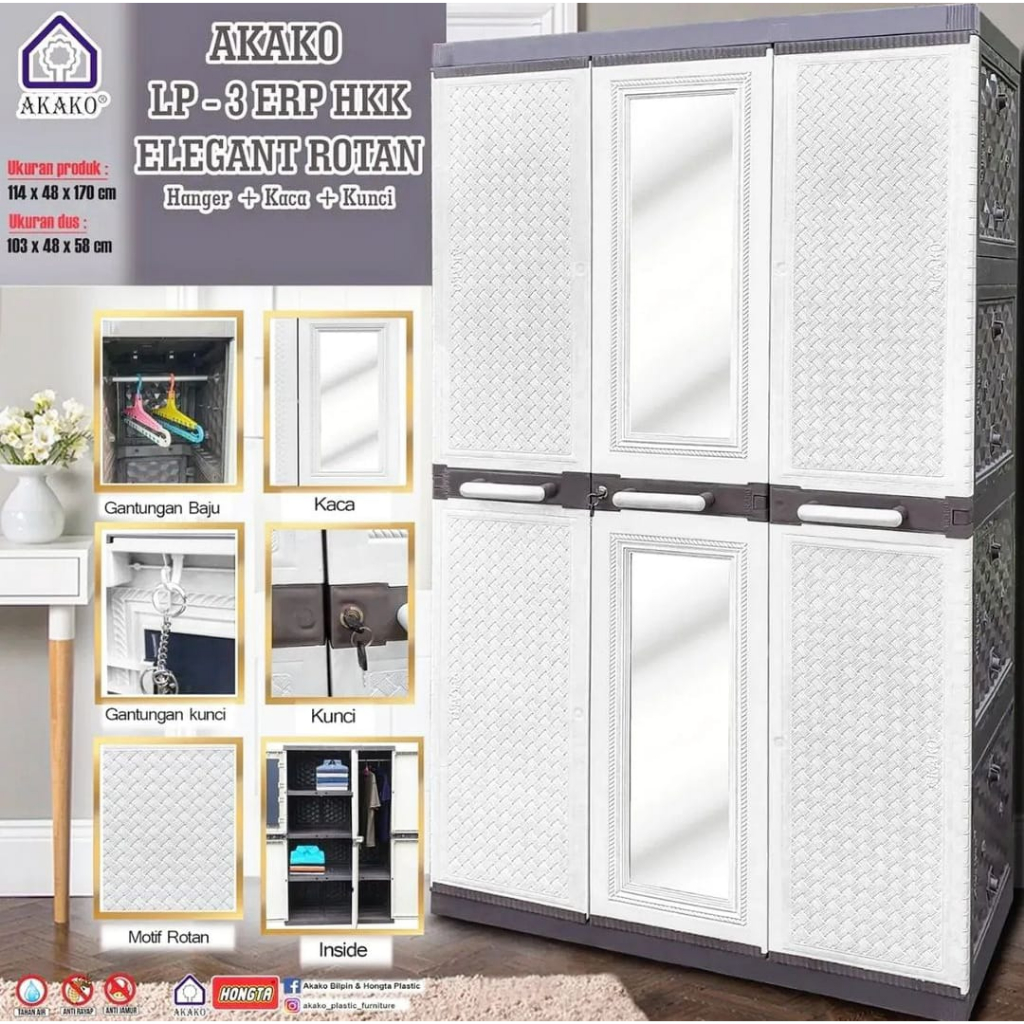 AKAKO - Lemari Plastik ELEGANT Gantung motif Rotan + kaca + Kunci, Lemari Baju Plastik, Lemari Pakai