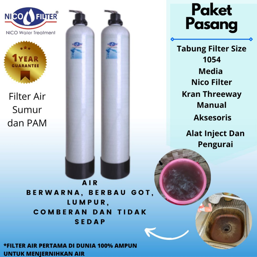 Nico Filter | Filter Air Sumur & PAM dengan pemasangan | Manual Backwash |  Media Nico Filter Natura