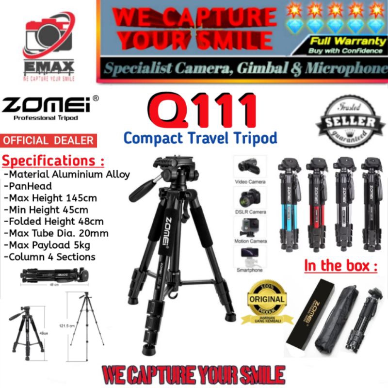 ZOMEI Q111 Tripod Portable Camera Smartphone Pan head 4-Sections Tripod Zomei Q 111 Panhead for Trav