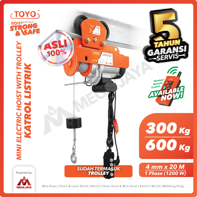 TOYO Mini Electric Hoist Trolley set / Katrol Listrik 300/600Kg x 20M