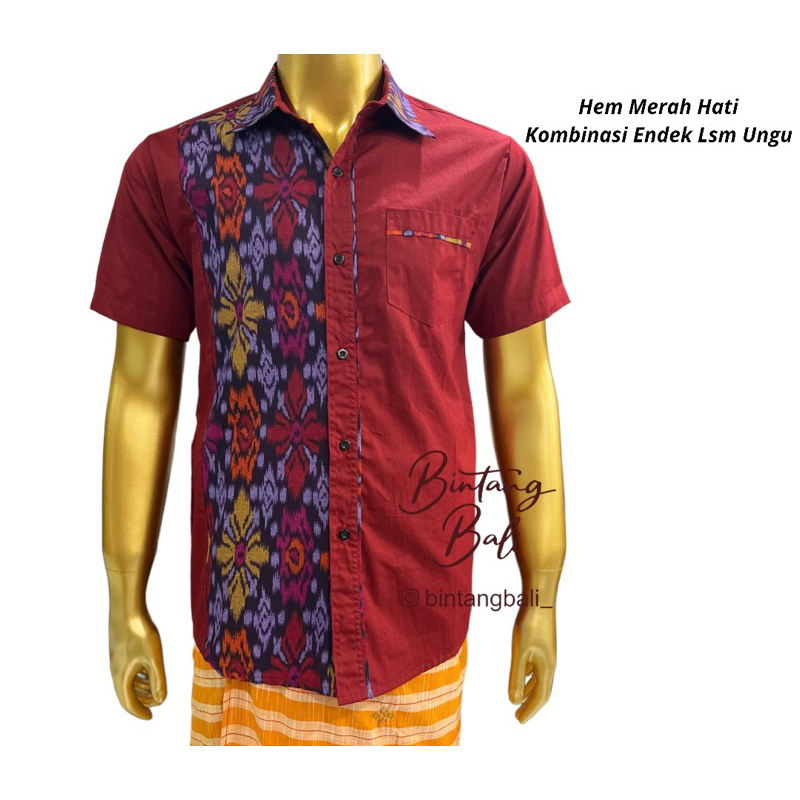Kemeja Endek Pria Kombinasi Katun Merah Lengan Pendek Dewasa - Anak-Anak Bintang Bali Busana Adat