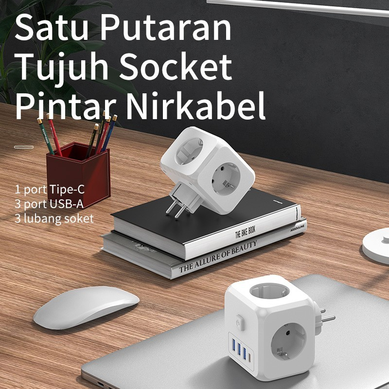 7 in 1 Stop Kontak Multifungsi Soket Nirkabel 3*Stopkontak+3*USB+TipeC