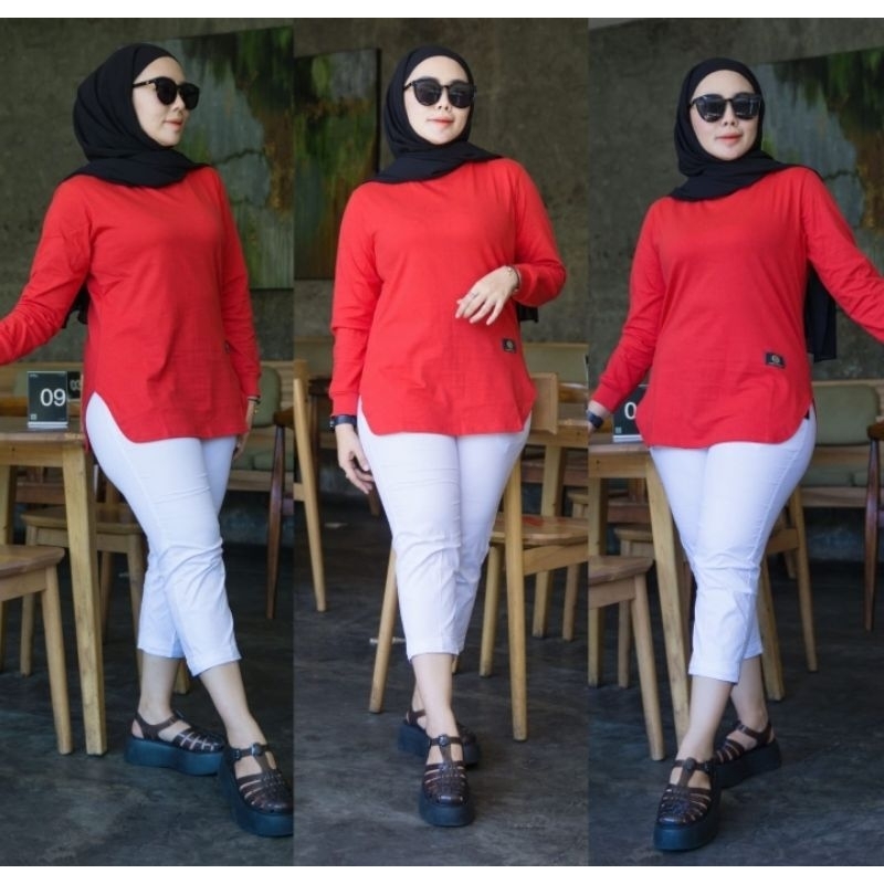 Baju Kaos Wanita Lengan Panjang Dinary Warna Merah / Atasan Wanita / Kaos Wanita / Atasan Wanita Ter