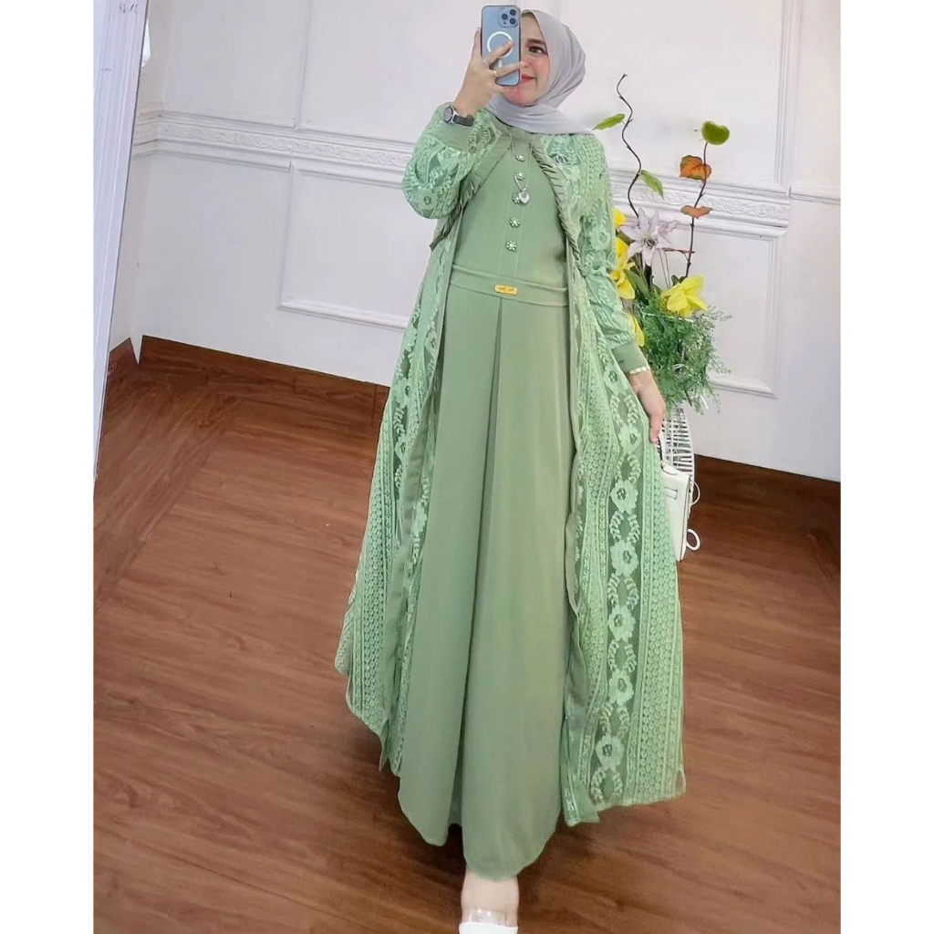 Gamis Brokat Malika Terbaru Sahira Maxi Dress Muslim Kekinian Bahan Ceruty Mix Brukat Warna Hitam Mi