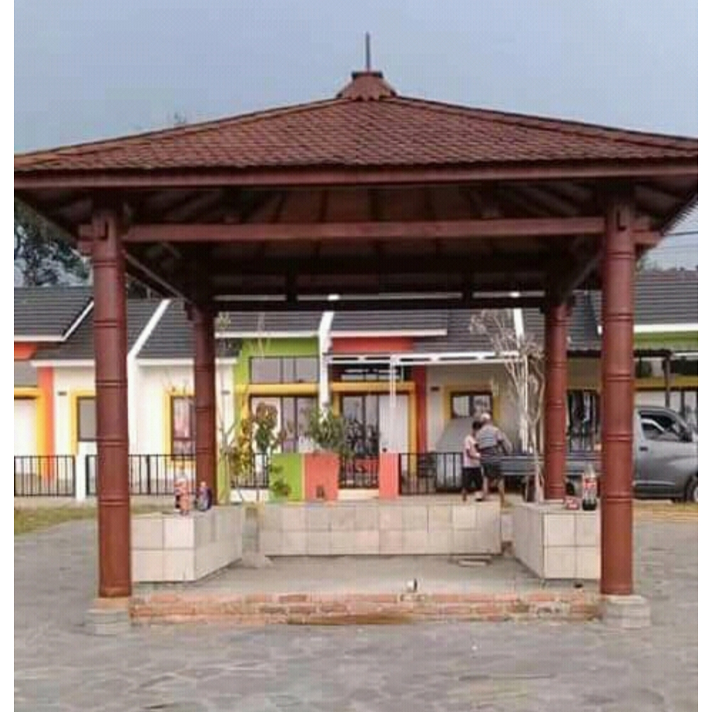 Pargola Kerucut Model Atap Gazebo 4 Tiang Motif Bambu Dari Kayu Kelapa Atap Sirap Kayu Ulin