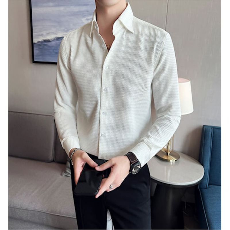 Kemeja Pria Polos Slimfit Lengan Panjang Waffle Knit Uniqlo Putih