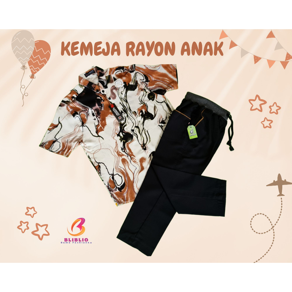 GRATIS ONGKIR EXTRA//BISA COD//Desain Colorful: Setelan Kemeja Rayon Anak laki Laki Celana Chinos Pa