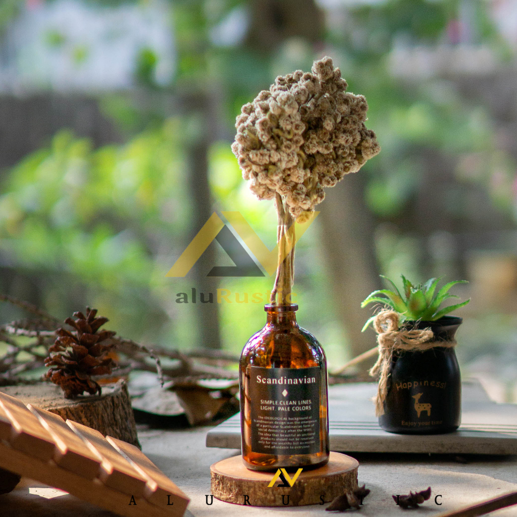 VAS BUNGA KACA SCANDINAVIAN EDELWEIS AESTHETIC / VAS BOTOL COKLAT AMBER / ARTIFICIAL / HIASAN DINDIN