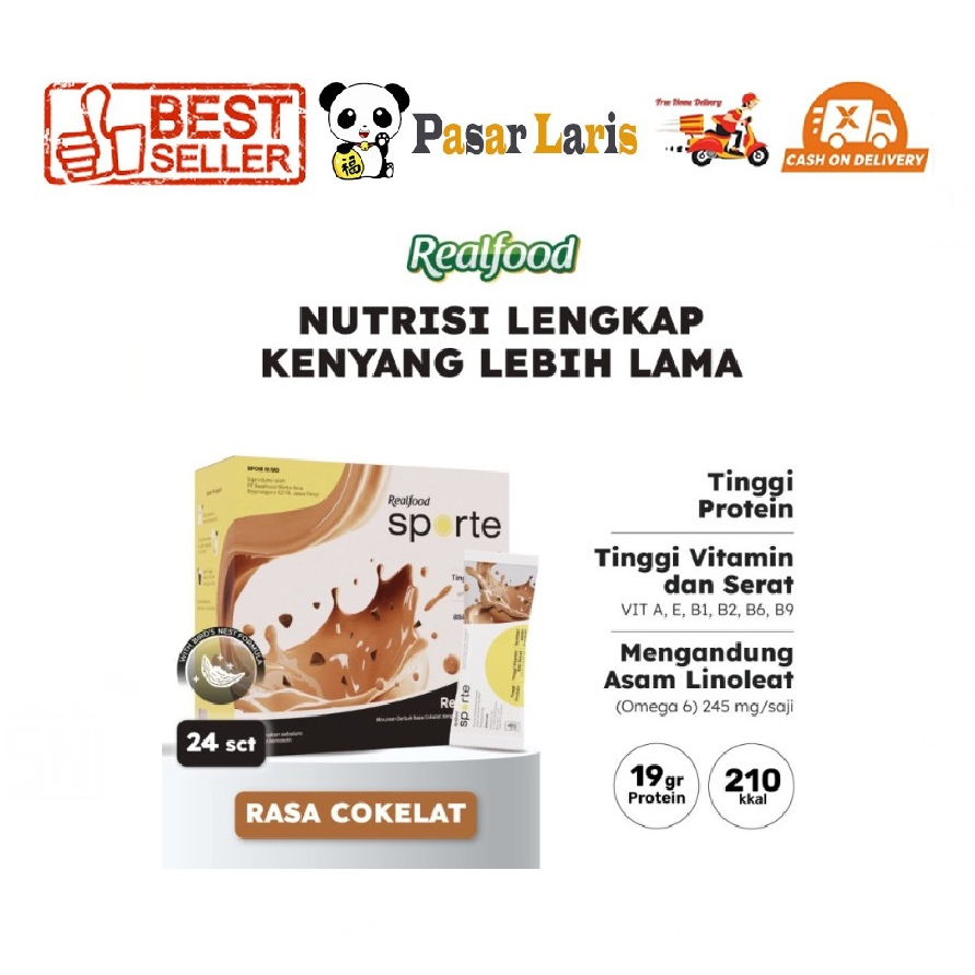 

Realfood Sporte Realmeals Minuman Protein Tinggi Coklat Original 12 sacchet 24 sacchet