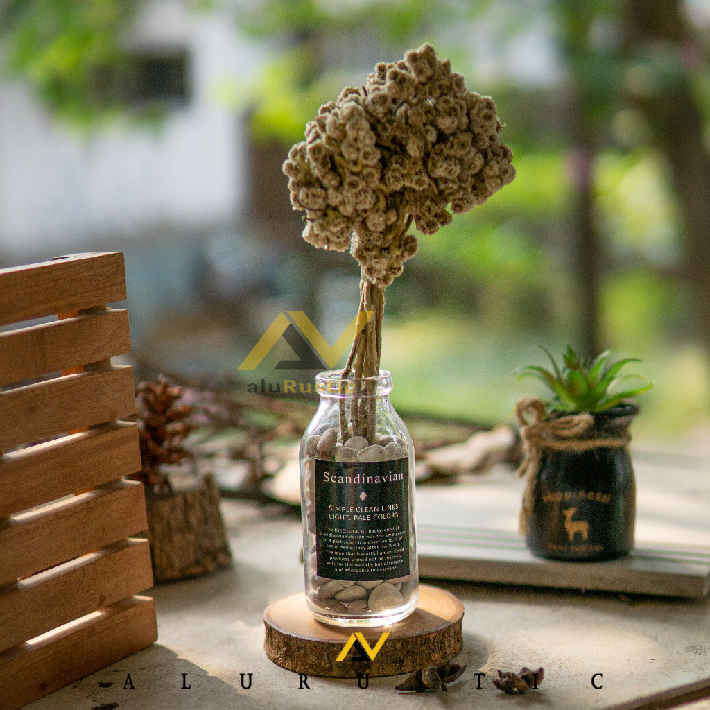 VAS BUNGA KACA SCANDINAVIAN EDELWEIS AESTHETIC / VAS BOTOL COKLAT AMBER / ARTIFICIAL / HIASAN DINDIN
