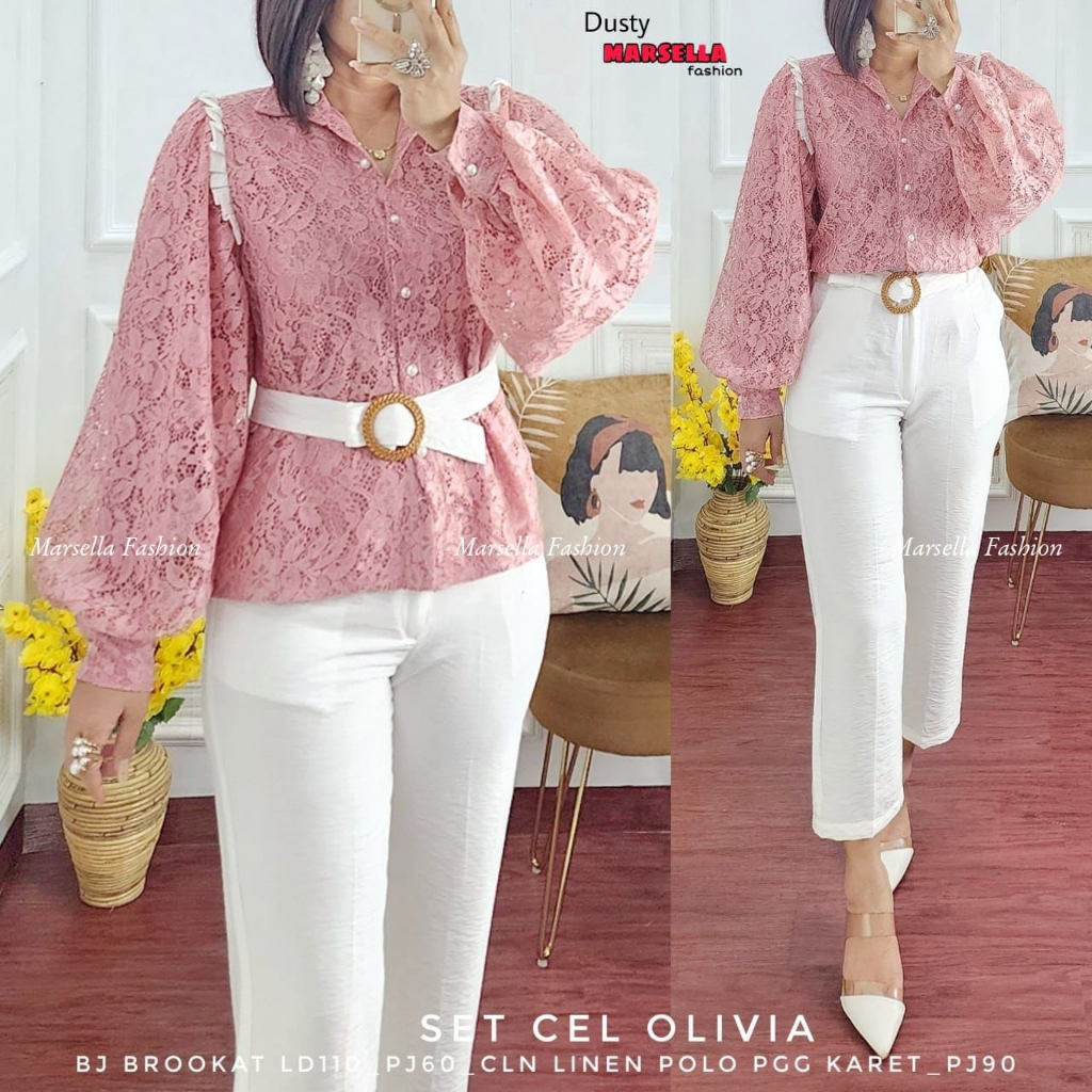 Setelan Blouse Celana Panjang Wanita Korean Style One Set Fashion Cewek Brokat Formal