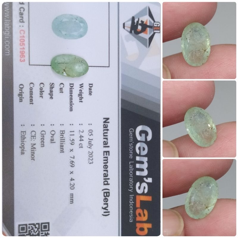 Natural Emerald beryl Ethiopia 2,4ct memo GLI rasa Zamrud Colombia