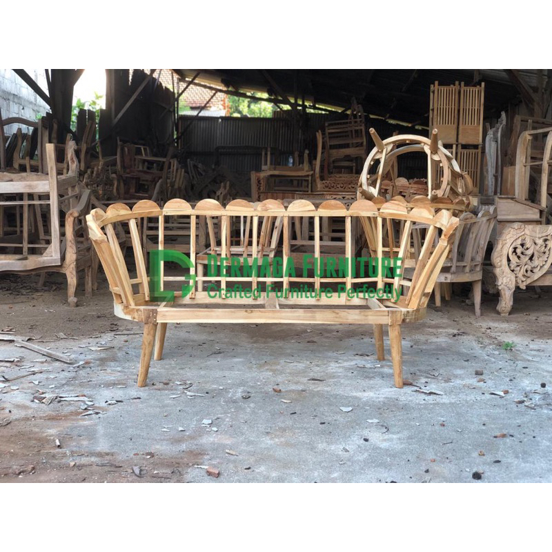 SOFA KERANG BUNGKUS JATI 2 DUDUKAN SOFA KURSI PELAMINAN DEKORASI RUANG TAMU CAFE VILA HOTEL DERMAGA 