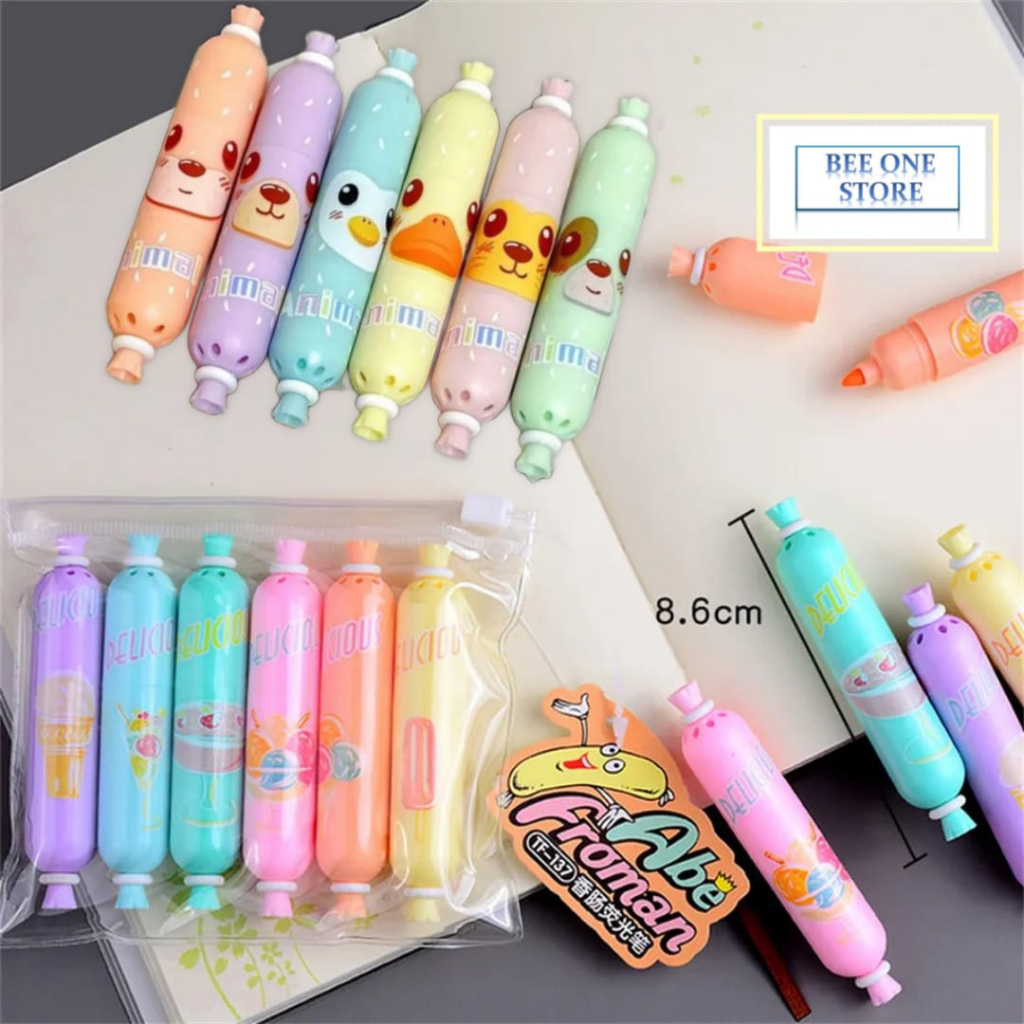 

BEE ONE - Stabilo 2 Sisi 6Pcs Bentuk Sosis Lucu Stabilo 2 arah Bentuk Sosis