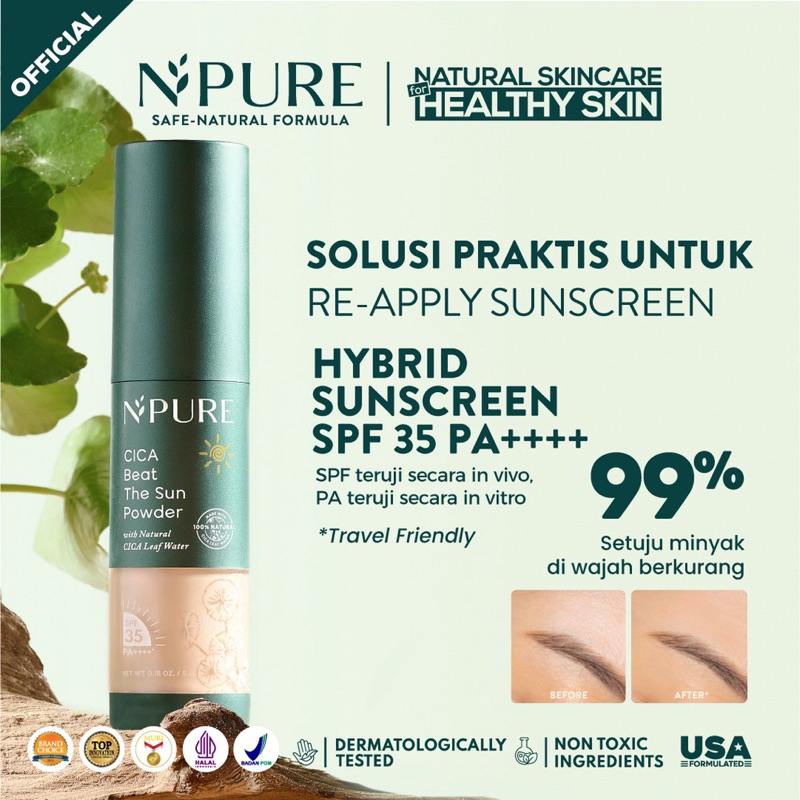 NPURE Sunscreen Powder Cica / Beat the Sun Powder / Sunscreen Bedak & Brush / Bedak Bebas Kilap Miny