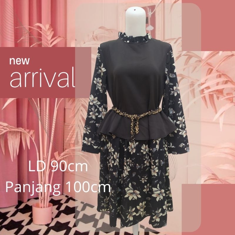 DRESS BKK plisket bunga2 dan HITAM PREMIUM (tidak termasuk sabuk)