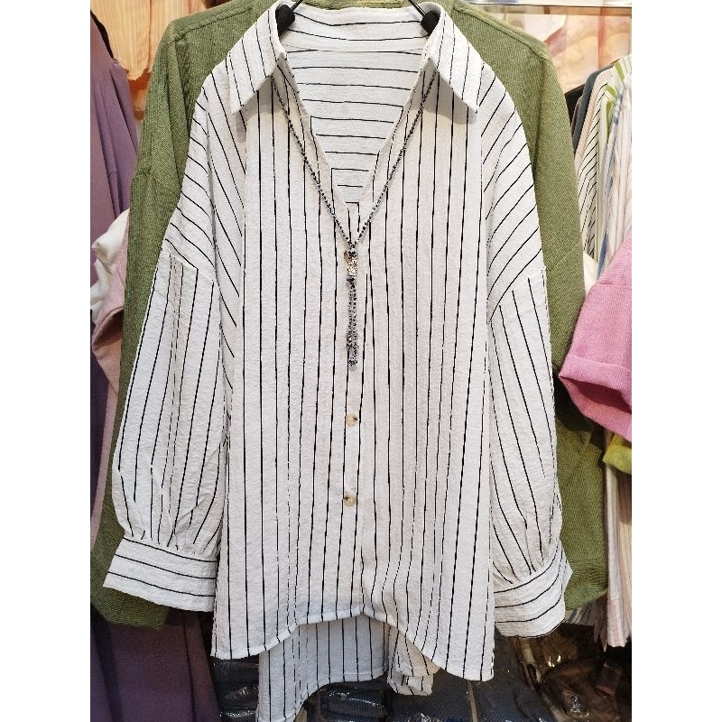 KEMEJA BLOUSE WANITA MOTIF GARIS BAHAN CRINGKEL