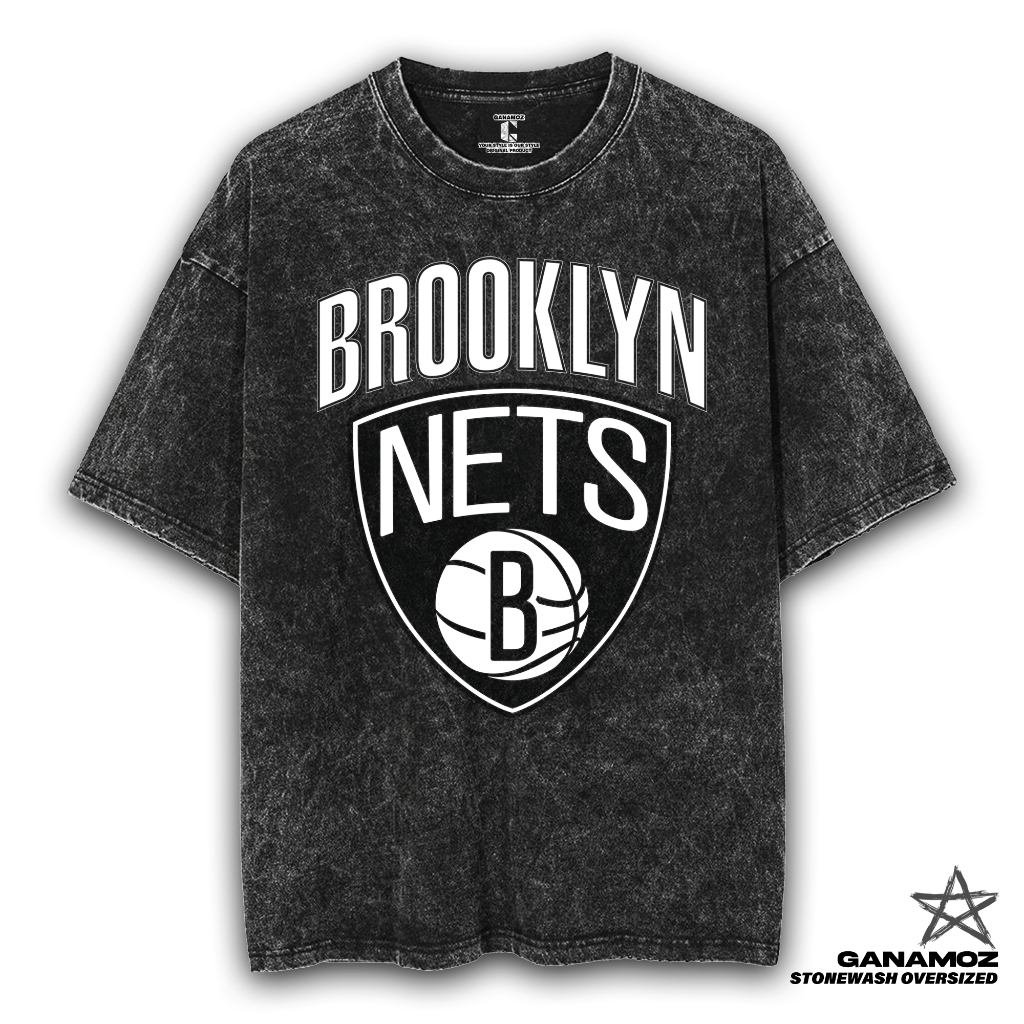 GANAMOZ Kaos Basket BROOKLYN NETS Premium Stone Wash Oversize T-Shirt | Stone Wash T-Shirt | Oversiz