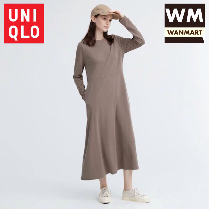 UNIQLO Women Dress Gaun Flare Ponte Wanita Lengan Panjang Brown