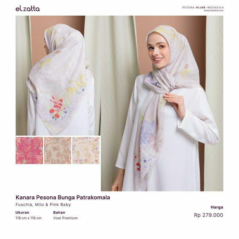 Elzatta Jilbab Segi Empat Motif Premium Kanara Pesona Bunga Patra Komala