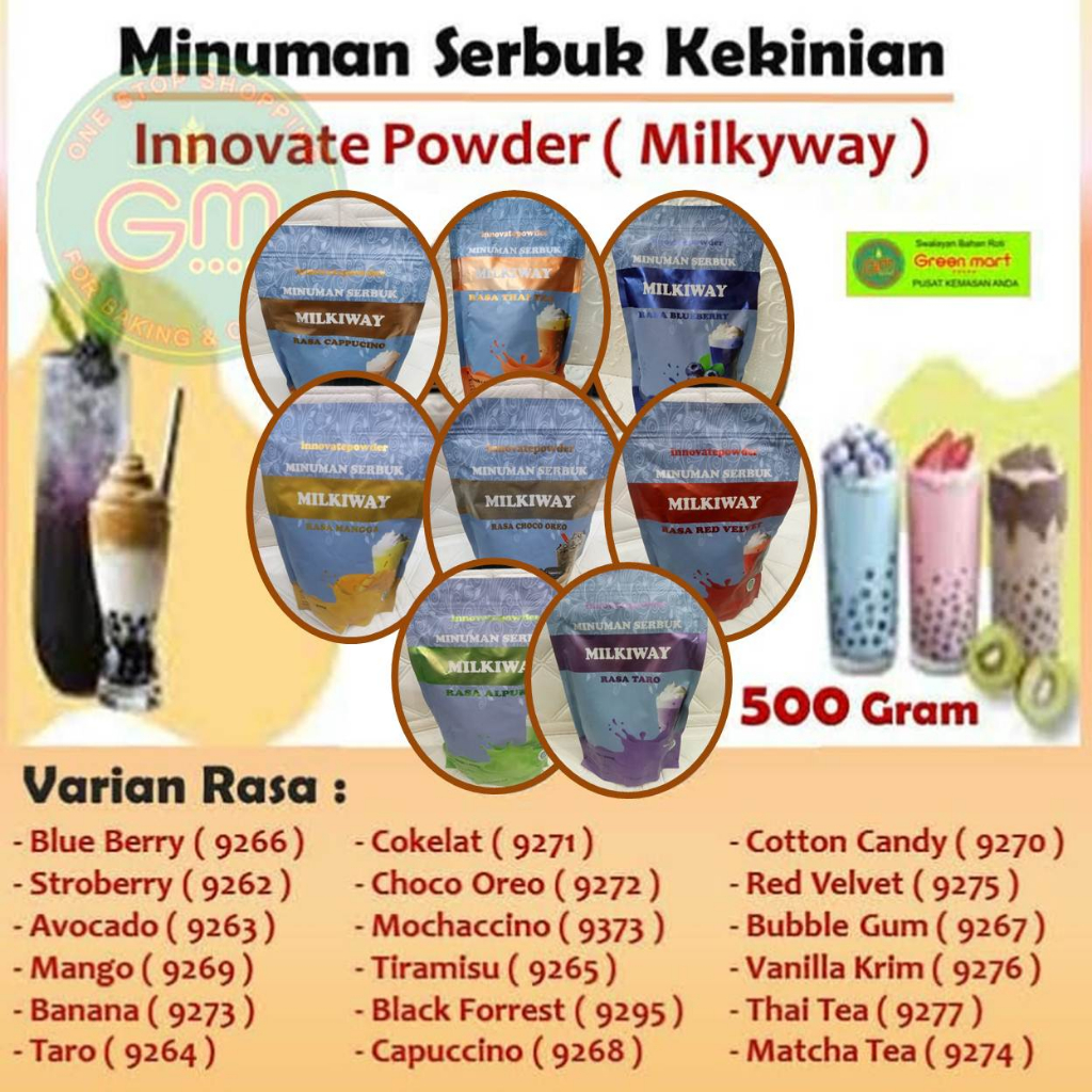 

Minuman Bubuk Serbuk Kekinian Innovate Powder De Milkiway Rasa Strawberry Taro Blueberry 500 Gram. 9262 9264 9266