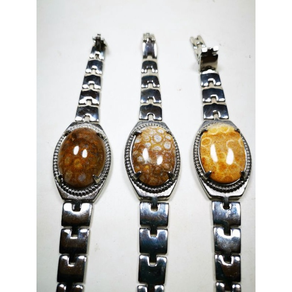 Gelang titanium batu akik motif teratai/sarang tawon