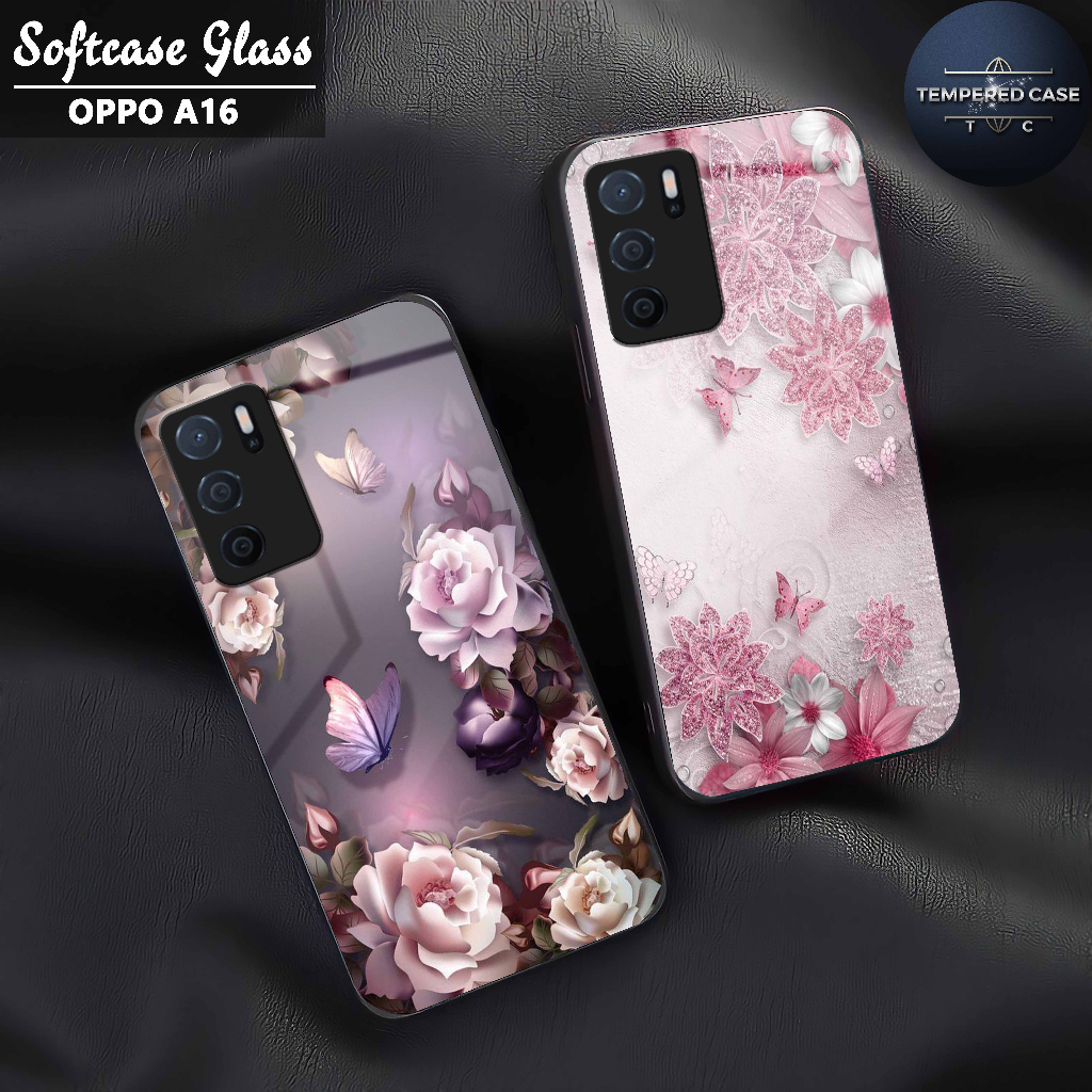Softcase Glass Kilau glossy Fashion Motif Bunga - Case Oppo A16 kaca glossy Casing Hp Oppo A16 mengk