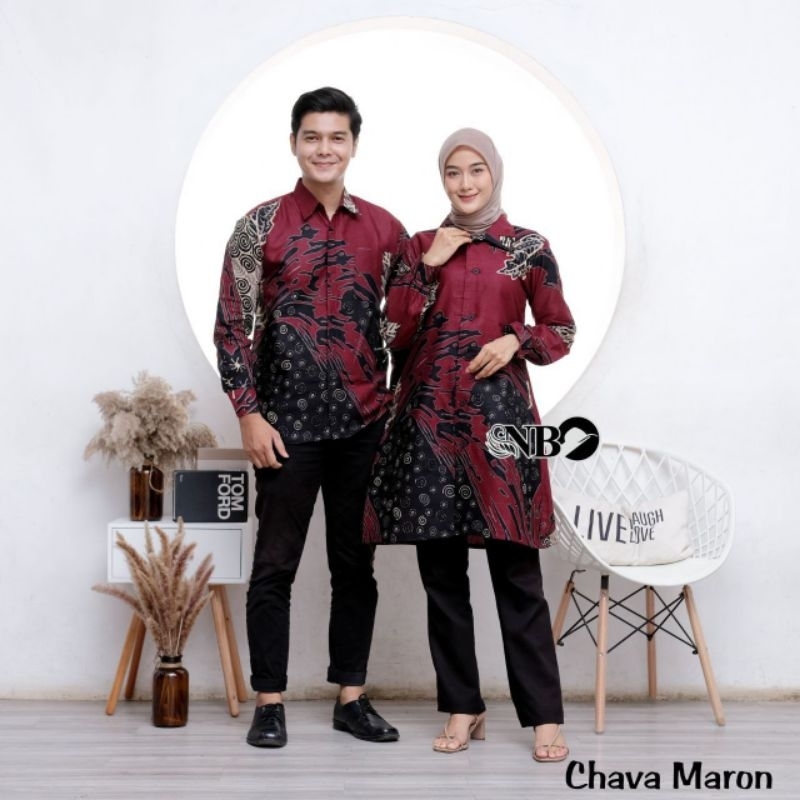 Atasan Couple Kemeja Batik Pria dan Tunik Wanita Bahan Katun Prima Halus Warna Merah Maroon