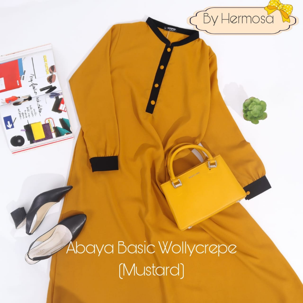 [Abaya Hermosa]Abaya hermosa basic mustard polos premium-Abaya kukus kuning polos-Abaya busui