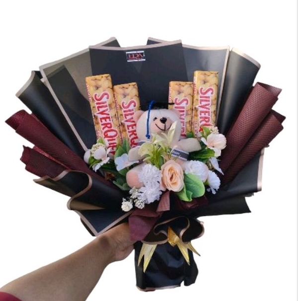 Buket bunga boneka coklat silverqueen bagus mewah