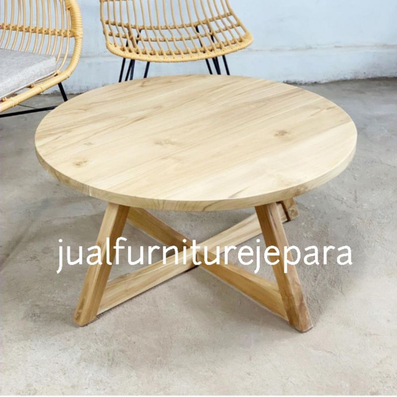 meja tamu bulat minimalis jati, meja kopi bulat kayu jati minimalis, meja tamu bulat kayu jati jepar