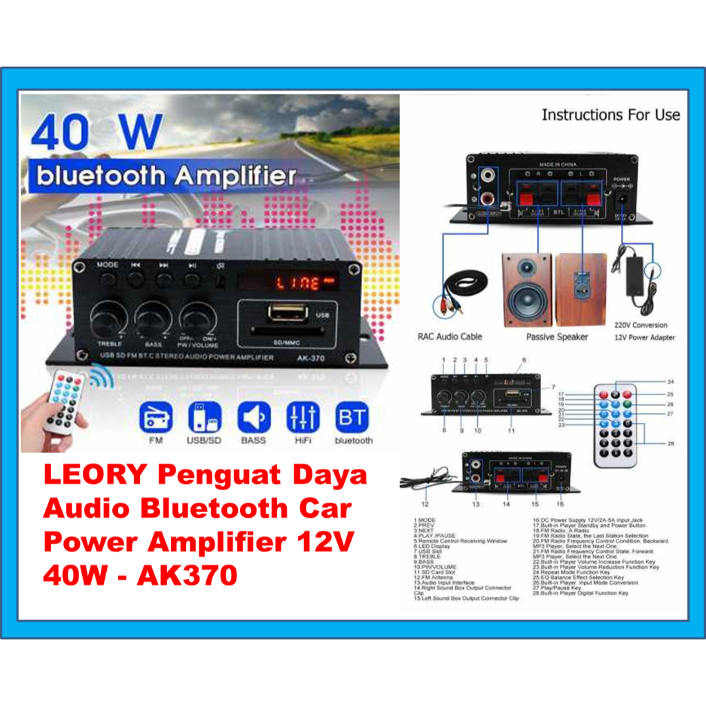 SPEAKER Penguat Daya Audio Bluetooth Car Power Amplifier 12V 40W - AK370