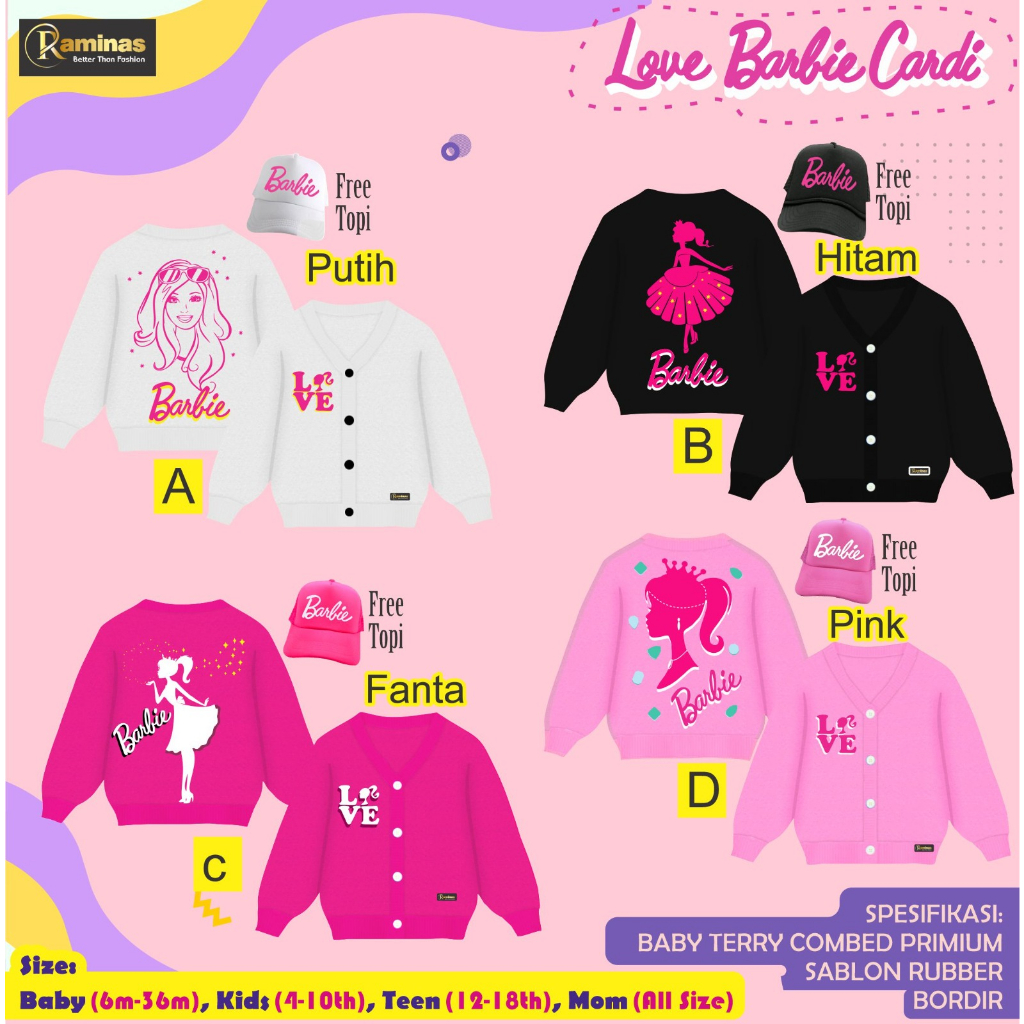 OUTER CARDI COUPLE LOVE BARBIE CARDI KIDS COUPLE FREE TOPI BY RAMINA'S SIZE 4-10 TAHUN