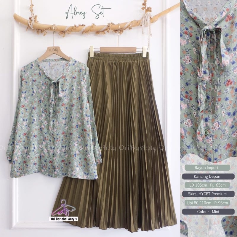 ALMEY SET/ SETELAN BLOUSE MOTIF BUNGA ROK PLISKET POLOS ORI ANTY