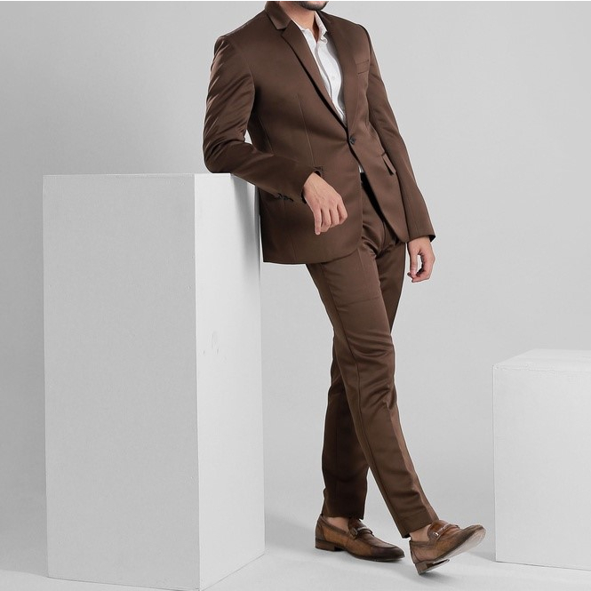 3 In 1 Set Jas Formal Pria Tuxedo Warna Coklat Cokelat Setelan Pria Blazer Rompi Vest Celana Bahan