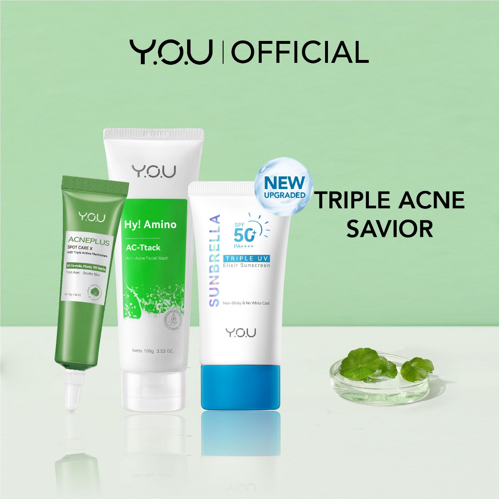 YOU 3-in-1 Acne Treatment Bundle | Anti Acne Facial Wash, Acneplus Spot Care, Triple UV Elixir Sunscreen | Obat Totol Jerawat Paket Skincare