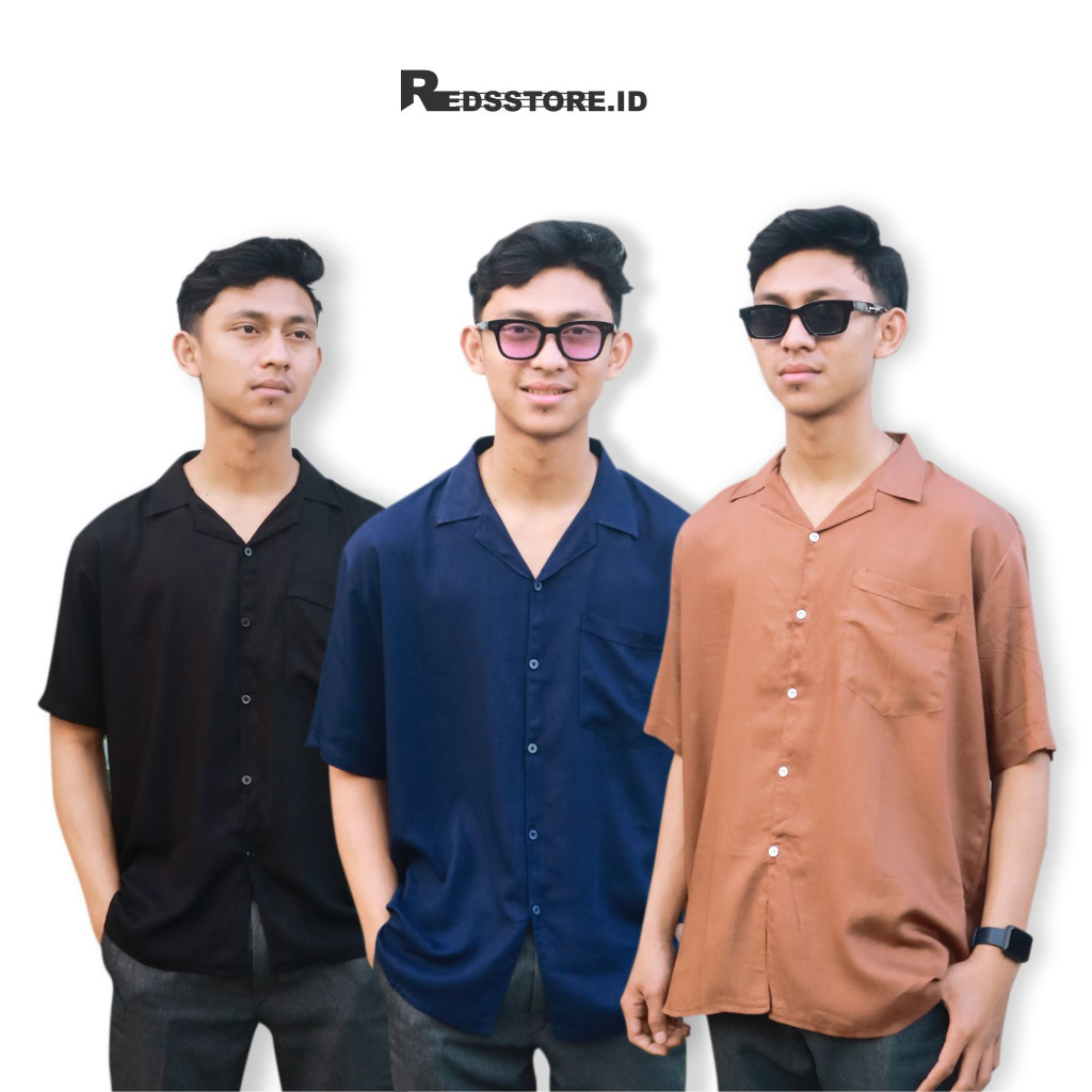 Kemeja Basic Polos Oversize Pria Lengan Pendek Style Cowok Korea Shirt Hawai Rayon