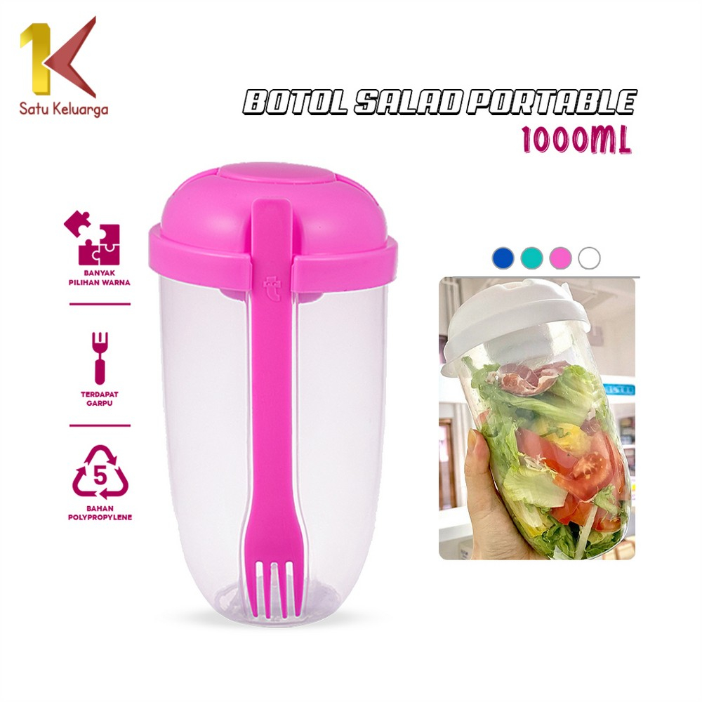 Satu Keluarga Botol Salad 1000ML dengan Sendok Garpu + Botol Saus Kecil C863 Tempat Makan Buah Sayur