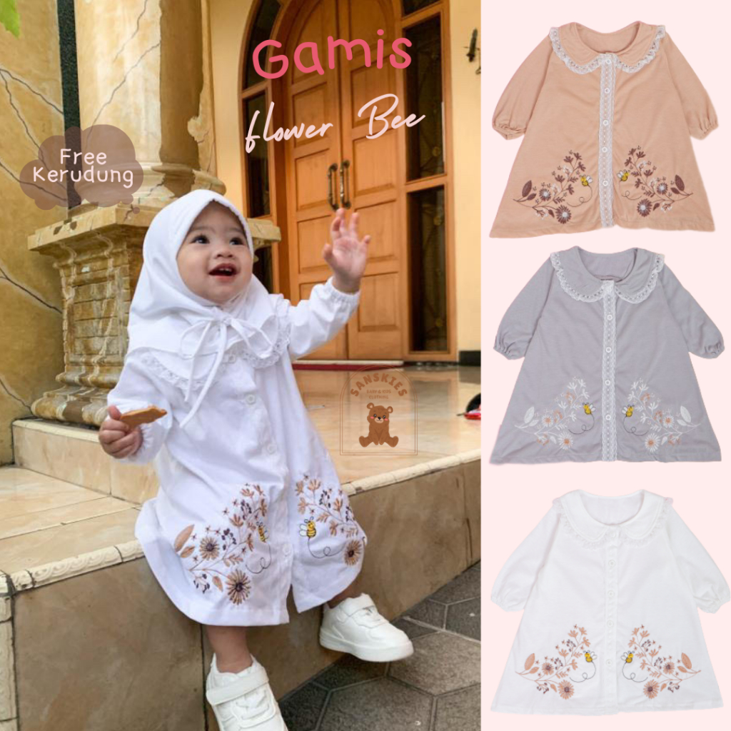 0 - 1 Tahun Setelan Gamis Flower Bee Free Kerudung Jilbab Baby Anak Perempuan - Kids Colection