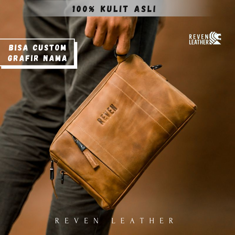 REVEN LEATHER Hand bag Tas Tangan Clutch Pouch Kulit Pria Bisa Model Selempang Slempang Handbag Slin