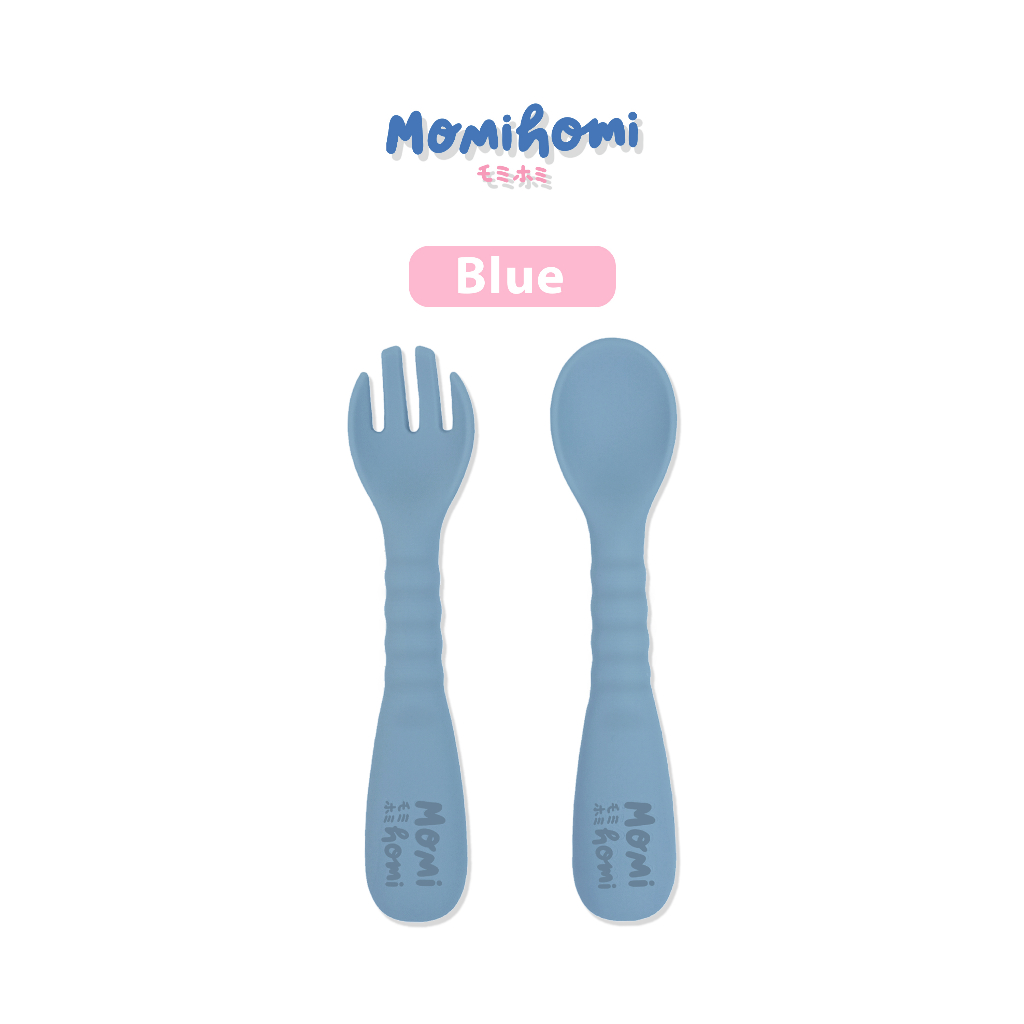 Momi Homi Sendok Silicone Peralatan Perlengkapan MPASI Makan Bayi 2in1 Garpu Dan Sendok BPA FREE Aman Untuk Anak Atau Bayi Sendok Silikon Set Isi 2pcs Baby Feeding Spoons Sillicone Food Grade Desain Unik Bahan Lembut Silicone Premium High Quality Silicon