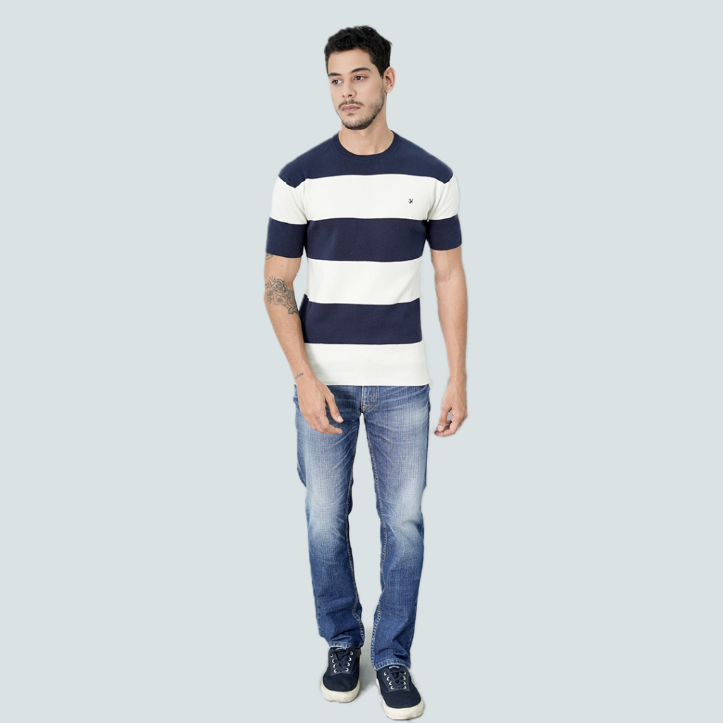Johnwin - Kaos Sweater - Kaos Voyage - Motif Salur - Biru Putih - FSW.660.D055.003.C-S/S - Free keyc