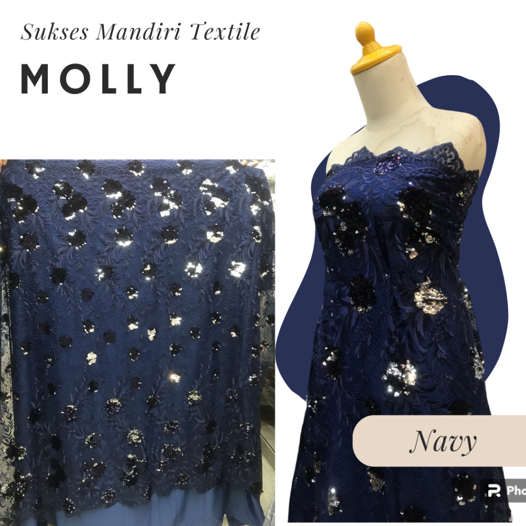 [MOLLY] Brokat Brukat Tile Payet Premium Mewah Warna Biru Navy | Harga ½ meter = 50 cm (Bahan Dress 
