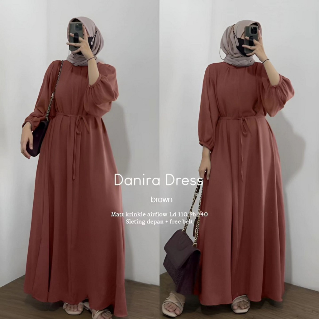 [Afsheen Outfit] Danira Dress M L XL Bahan Kain Crinkle Airflow Gamis Wanita Terbaru Lebaran Kekinia