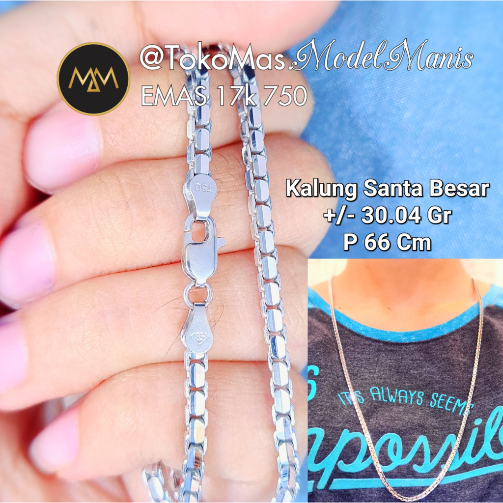 Kalung Santa Italy Panjang Solid Emas Putih 750 Kadar 17k