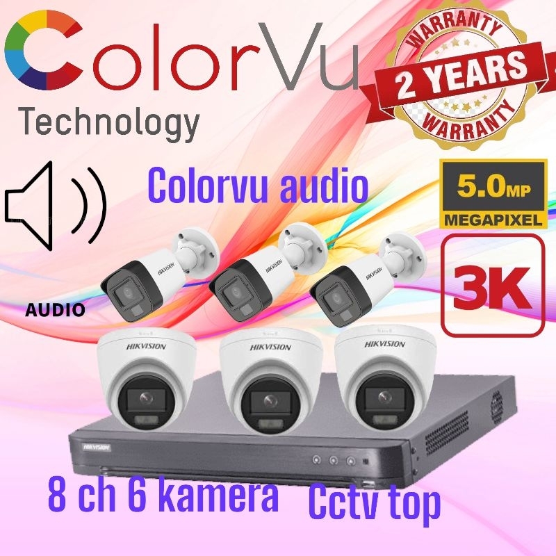 Paket cctv hikvision 8 ch 6 kamera 5mp colorvu audio bluit mic