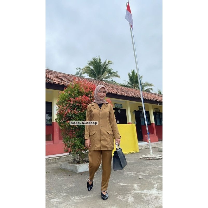 RB Baju Stelan Kerja Dinas PNS / Seragam Kerja Pemda Khaki Model Semi Jas, Model Blazer, Model Tunik