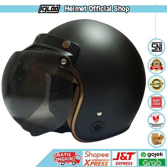 helm Bogo / Helm Retro  List Chrome Black Doff List Gold + Kaca Helm